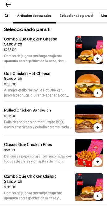 Menú de Que Chicken / Captura de pantalla