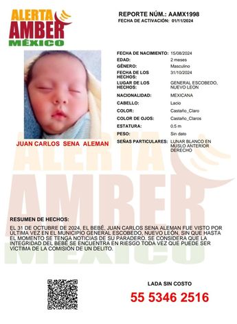 Alerta Amber a nivel nacional por desaparición del bebé Juan Carlos. | Cortesía