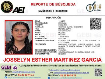 Ficha de búsqueda de Josselyn Esther Martínez García desaparecida en García, Nuevo León. | Cortesía