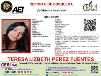 Ficha de búsqueda de Lizbeth Pérez Fuentes de 26 años de edad. | Cortesía