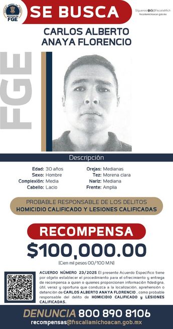 La Fiscalía de Michoacán emitió una cédula de recompensa para localizar al policía acusado del homicidio de una joven | Foto: Elizabeth Guzmán