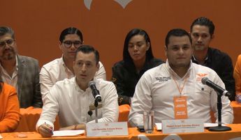 Luis Donaldo Colosio, alcalde de Monterrey (izq.) y Miguel Ángel Sánchez Rivera, coordinador de la comisión operativa estatal de MC. | Cortesía