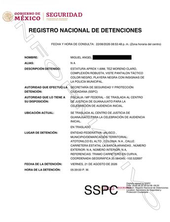 Información oficial de la detención. | SSPC