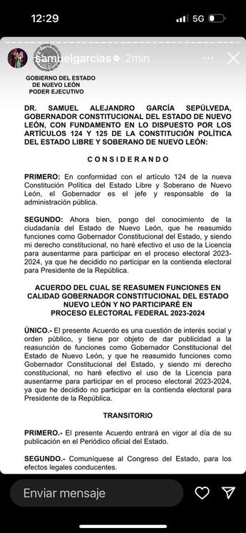 Samuel García se baja de contienda, renuncia a ser candidato de Movimiento Ciudadano / IG @samuelgarcias