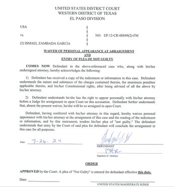 El documento de no culpabilidad de 'El Mayo' fue dado a conocer tras su audiencia / Cortesía.