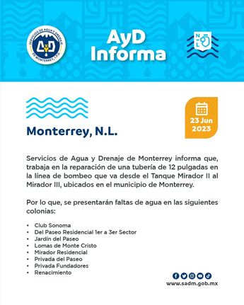 Comunicado de Agua y Drenaje de Monterrey. | Cortesía