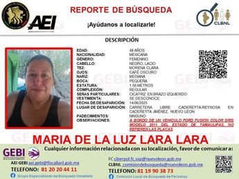 Ficha de búsqueda de María de la Luz Lara Lara de 48 años de edad. | Cortesía