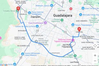 Ruta desde el centro de Tlaquepaque al Estadio Guadalajara. | Imagen: Google Maps