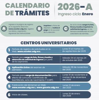 Calendario de Trámites para el curso escolar 2026-A de UDG. | Imagen: Universidad de Guadalajara