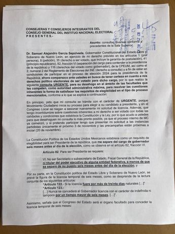 Acuse del documento enviado por Samuel García al INE. | Cortesía