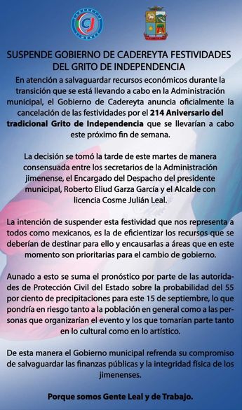 Cadereyta, Nuevo León, cancela fiesta del 15 de septiembre del 2024 | Especial