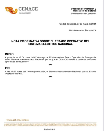Reporte del Cence previo a los apagones de este 7 de mayo