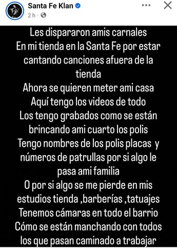 Publicación de Santa fe Klan por presuntos disparos de policías en su negocio | Redes Sociales
