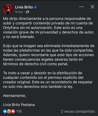 Livia Brito comparte mensaje en Facebook
