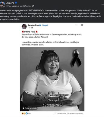 AimeP3 en Facebook reporta su falsa muerte
