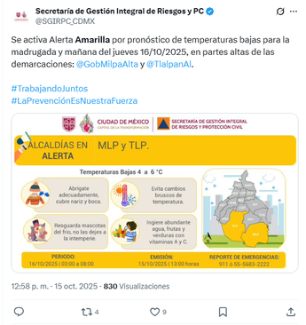 El frente frío 7 provocará bajas temperaturas en dos alcaldías en CdMx | X @SGIRPC