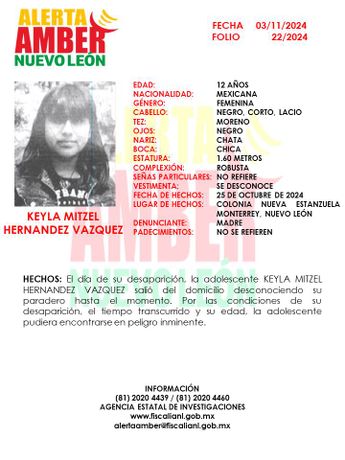 Alerta Amber emitida el 3 de noviembre por desaparición de Keyla Mitzel. | Cortesía