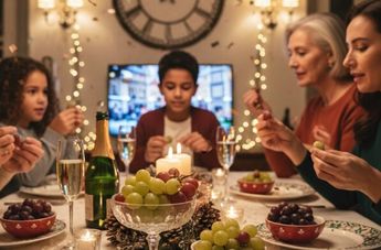 Familia haciendo el ritual de las 12 uvas en fiesta de Año Nuevo. | Imagen ilustrativa generada con inteligencia artificial de Gemini IA