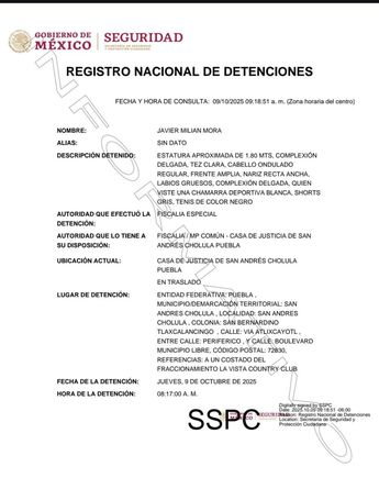 Informe de la detención de Javier Milián / Registro Nacional de Detenciones