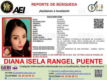 Diana Isela Rangel Puente desapareció junto a su hija en Juárez, Nuevo León. | Especial