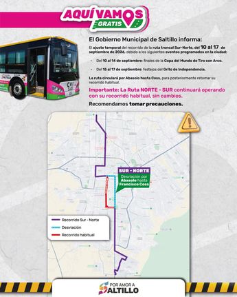 La modificación contempla el paso de las unidades por Abasolo hasta llegar a Francisco Coss. | Gobierno Municipal de Saltillo Facebook