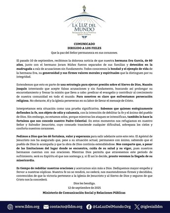 Comunicado de la Iglesia de la Luz del Mundo respecto a detenciones en EU de Eva García, madre de Naasón | Facebook Luz del Mundo