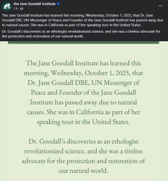 Comunicado oficial del Instituto Jane Goodall | The Jane Goodall Institute vía Facebook