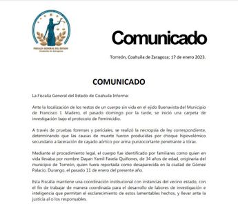 Comunicado Fiscalía General del Estado de Coahuila