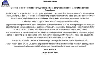 Comunicado realizado por la empresa Grupo Minero Bacis S.A. de C.V. tras el asalto | Grupo Minero Bacis