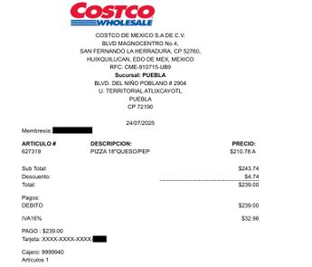 Ticket de compra de una pizza en la sucursal Costco de Puebla, en 2025 / Especial
