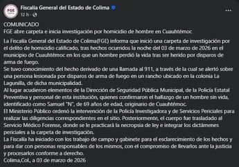 La Fiscalía de Colima informó que inició una carpeta de investigación por el delito de homicidio calificado | Fiscalía General de Colima vía Facebook
