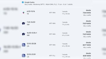 Comparativa de vuelos Monterrey-Miami en Google Vuelos.| Cortesía