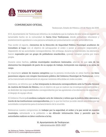 Comunicado de gobierno de Teoloyucan tras linchamiento de un hombre. | Gobierno de Teoloyucan