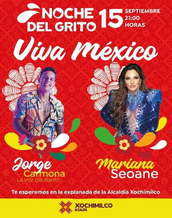 Mariana Seoane y Jorge Carmona estarán a las 21:00 horas en la alcaldía Xochimilco para dar el grito de Independencia | X: @XochimilcoAl