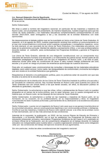 Carta del líder de la SNTE dirigida al gobernador Samuel García. | Cortesía