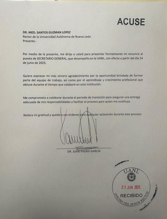Carta de renuncia de Juan Paura García. | Cortesía