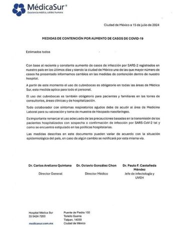 Comunicado de Medica Sur sobre aumento de casos de Covid-19
