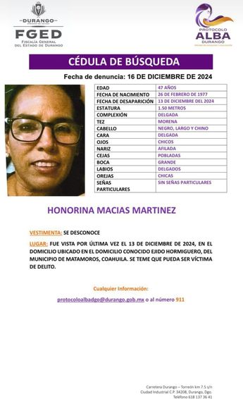 Fue vista por última vez el 13 de diciembre del 2024