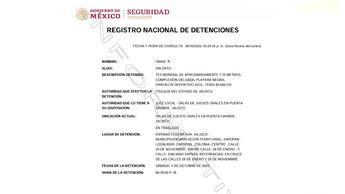 Registro Nacional de Detenciones que confirma la aprehensión de Omar 'N' realizada por la Fiscalía del Estado de Jalisco.