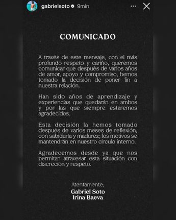 Comunicado conjunto entre Irina Baeva y Gabriel Soto confirmando su separación./IG @gabrielsoto.