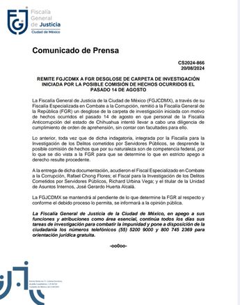 Comunicado de la Fiscalía de CdMx informando que dio vista a la FGR de la investigación abierta por intento de aprehensión de Javier Corral.