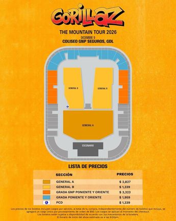 El mapa de precios de los boletos para el concierto de Gorillaz en el Coliseo GNP Seguros en Guadalajara | Coliseo GNP Seguros vía Facebook