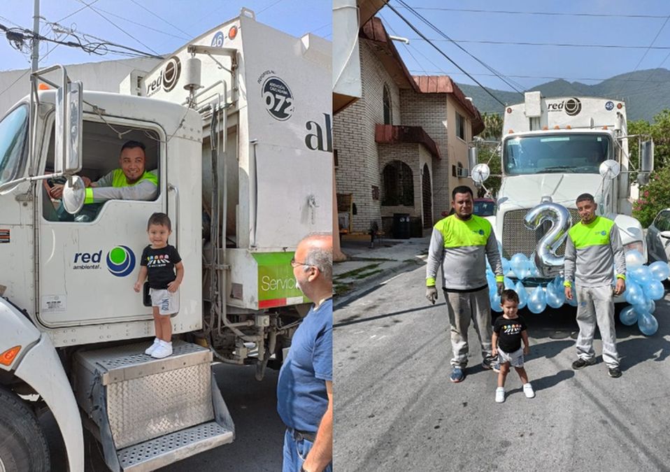 Niño celebra dos años con sus amigos del camión de basura en Monterrey / Cortesía