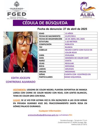 Menor desaparecida en Gómez Palacio