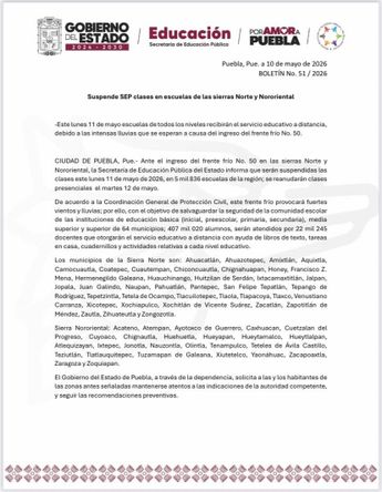 Comunicado sobre suspensión de clases en Puebla / SEP