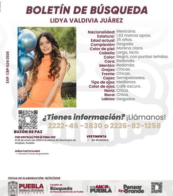 Boletín de búsqueda de Lydia Valdivia Juarez / Comisión de Búsqueda de Personas del Estado de Puebla