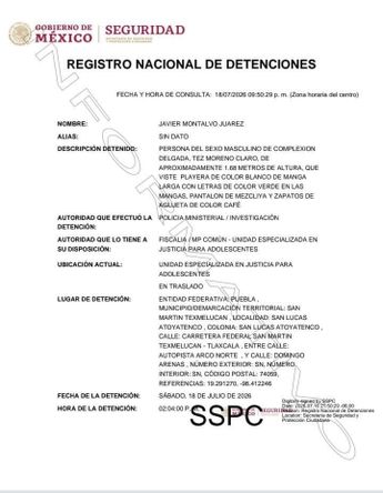 La detención ocurrió sobre la carretera federal San Martín Texmelucan, cerca de las 14:00 horas / Registro Nacional de Detenciones