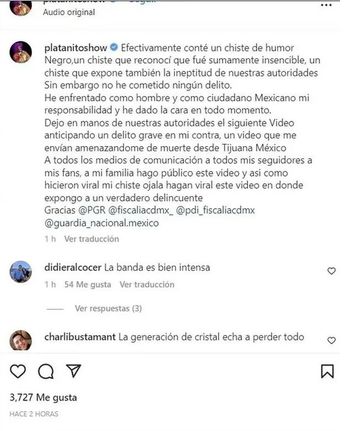Platanito ahora está recibiendo amenazas tras polémico chiste