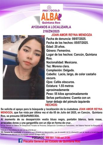 Ficha de búsqueda de Joan Amor Reyna Mendoza | Fiscalía de Quintana Roo