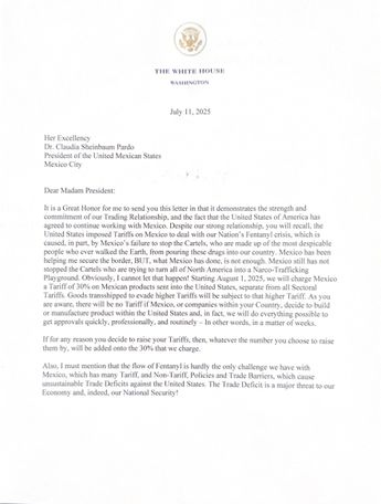 Carta de Donald Trump dirigida a la presidenta de México, Claudia Sheinbaum. | Cortesía